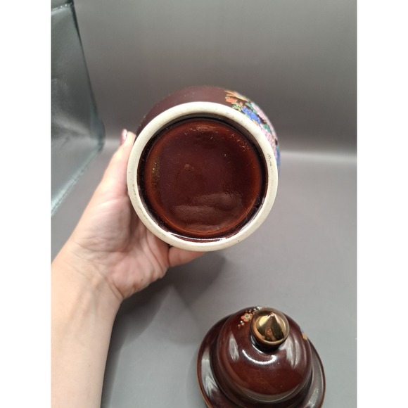 8.5" Jar Birds Floral Porcelain Ginger Jar lid Ceramic Shiny Glaze Gold Trim - Picture 12 of 14